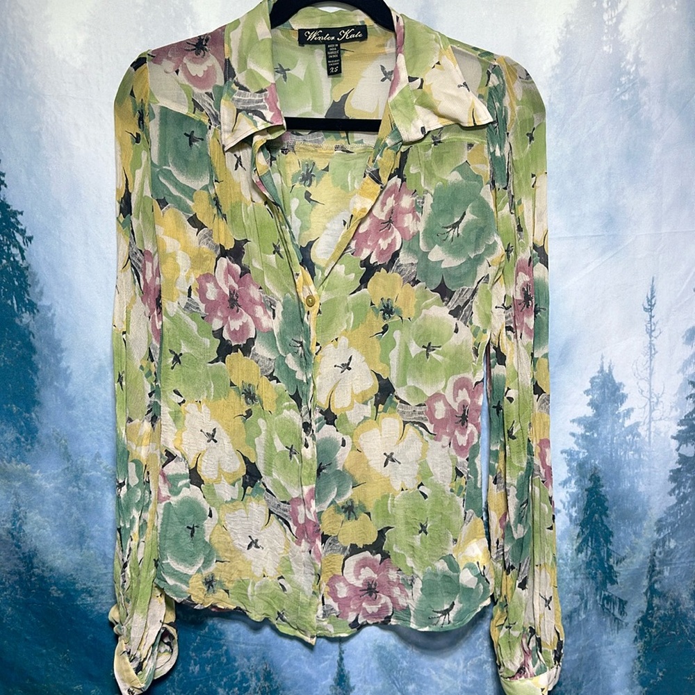 WINTER KATE SILK xs loose top blouse sheer white green ivory pink sleeve